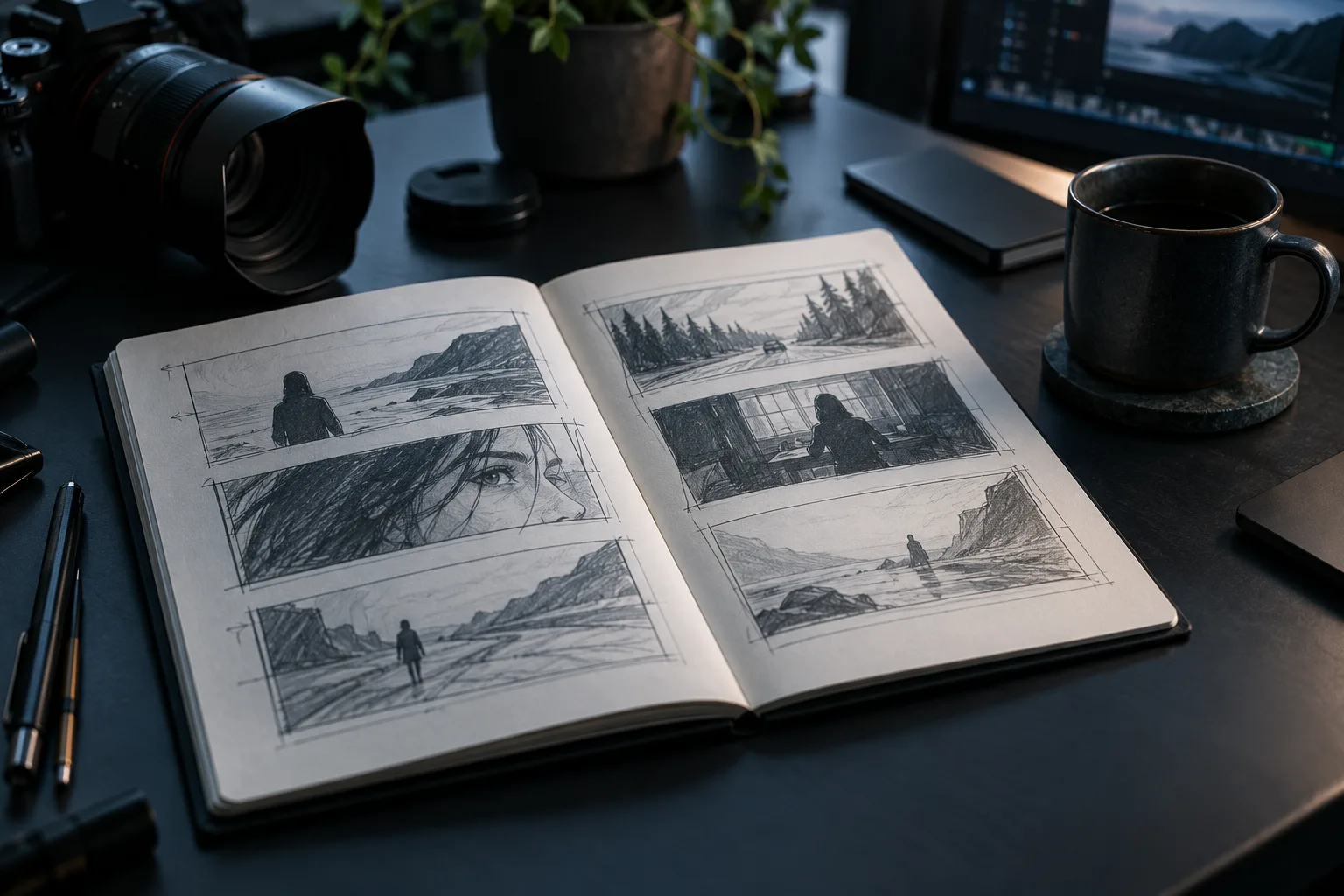 An open workbook with storyboard sketches