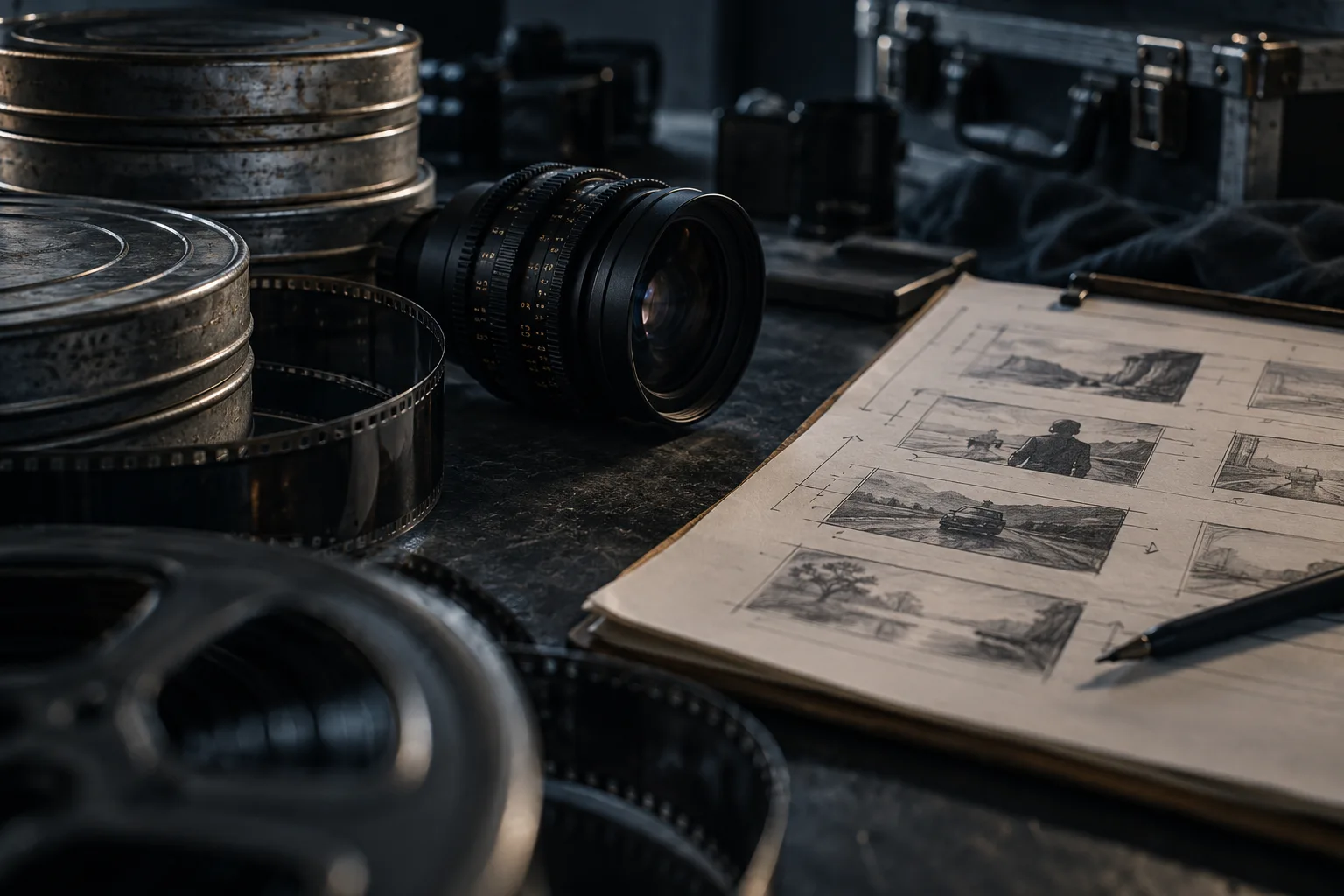 Film canisters, a lens and a paper shot list on an editing desk